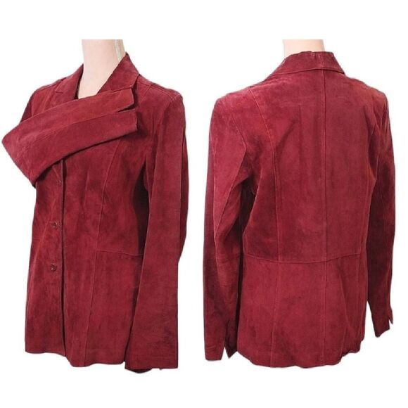 VTG 90s Red Genuine Leather Suede Single Breasted Blazer Jacket Medium - Picture 10 of 15